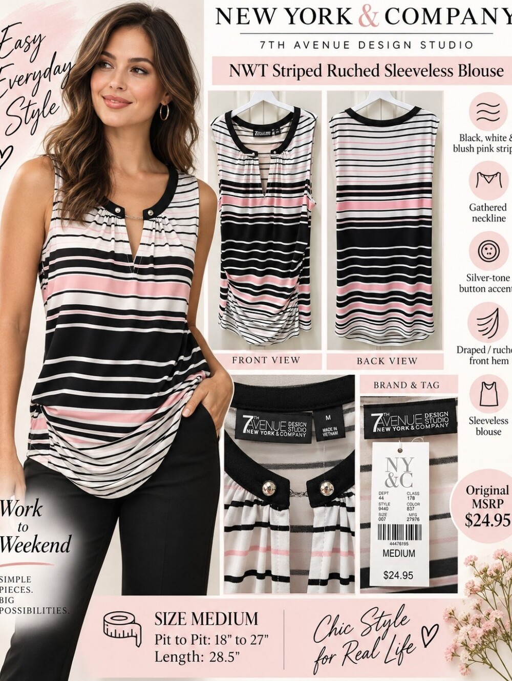 New York & Company Black, White & Blush Pink Striped Sleeveless Top
